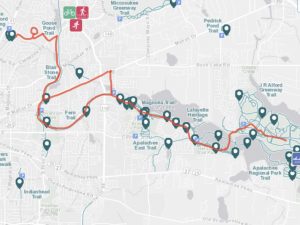 The red trail marks our bike ride between McCord Park and the J Alford Greenway.